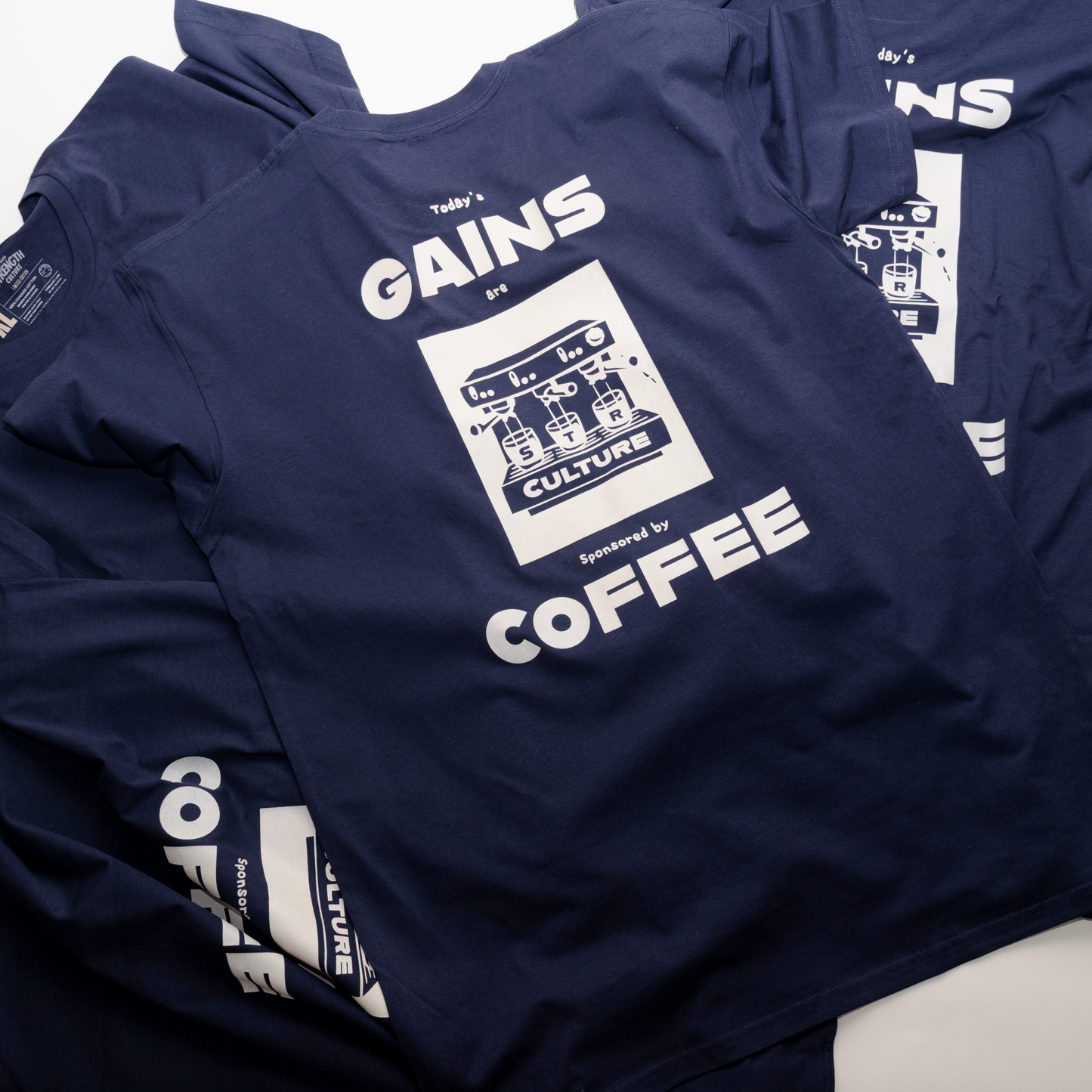 Navy blue t-shirt with white graphic and text on a white background